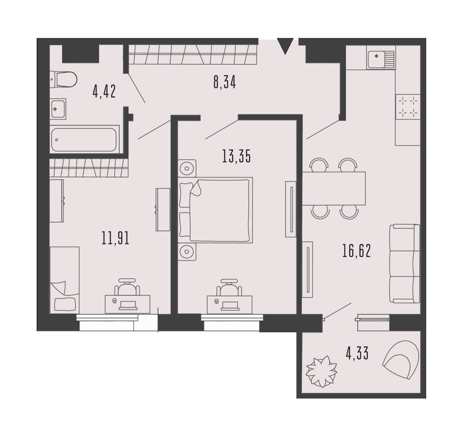 2-комнатная квартира 55.99 м², 5/5 эт., Комплекс апартаментов «Bereg. Курортный»